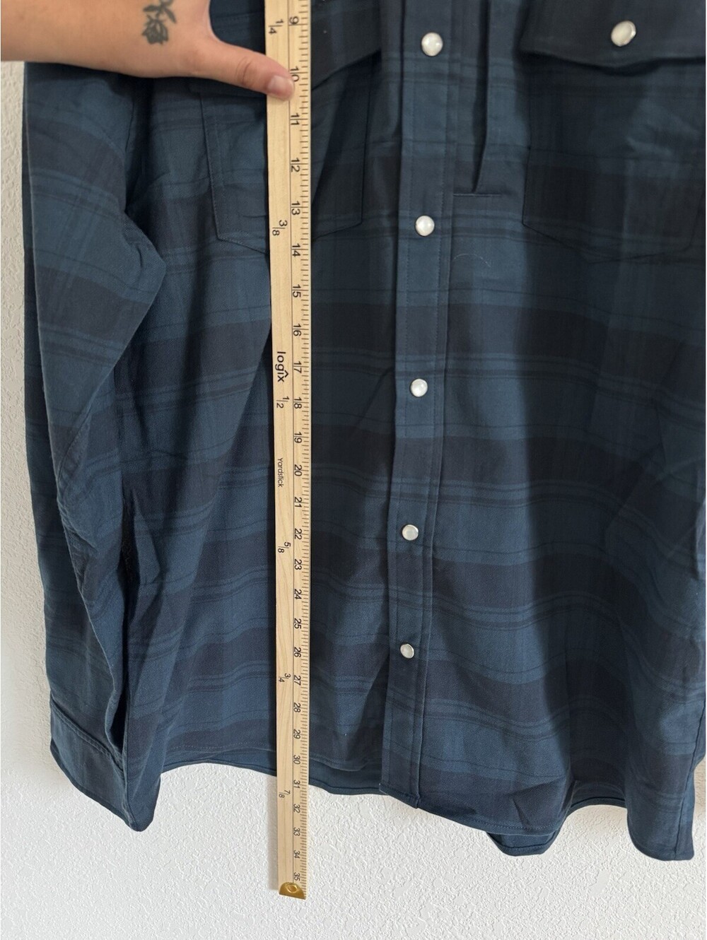 Poncho Powder River Performance Western Pearl Snap Dark Blue Plaid Sz Lg Slim - Picture 6 of 7